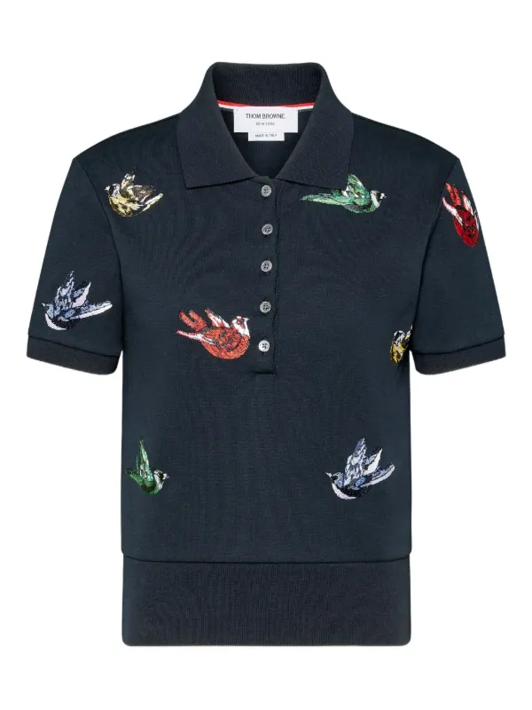 Thom Browne Satin Stitch Bird Embroidery Polo in Blue