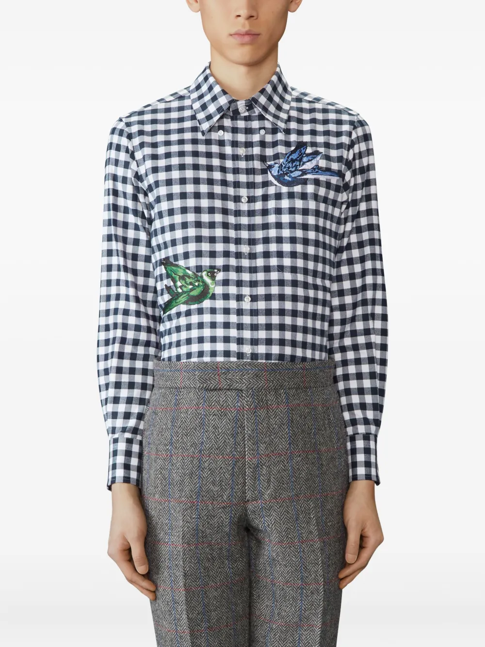 Thom Browne Gingham-check Bird-detailing Shirt In Blue