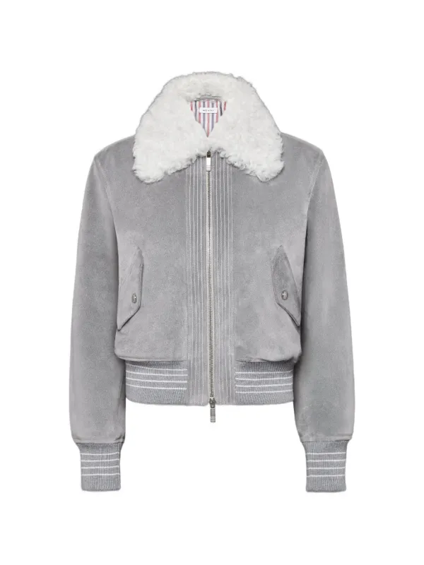 Thom Browne Shearling & Suede Cropped Flight Jacket in Grey