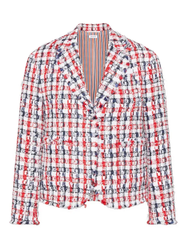 並行輸入品THOM BROWNE チェック柄ジャケット Thom Browne チェックサテンリボン ツイードコート | レッド | FARFETCH JP