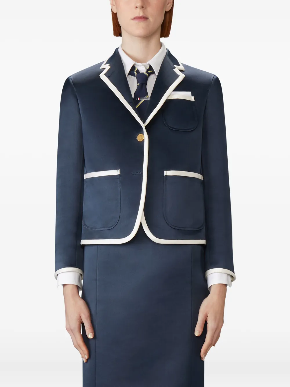 Thom Browne Blazer Aus Satin Mit Kontrastdetails In Blue