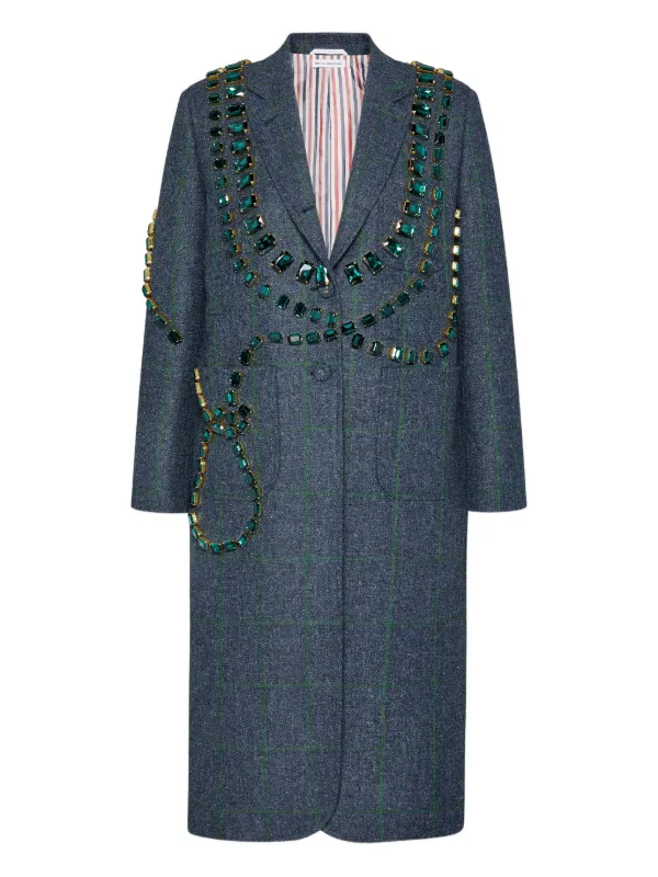 Thom Browne Windowpane Hunting Tweed Trompe L'oeil Jacket with Swarovski Crystal in Blue