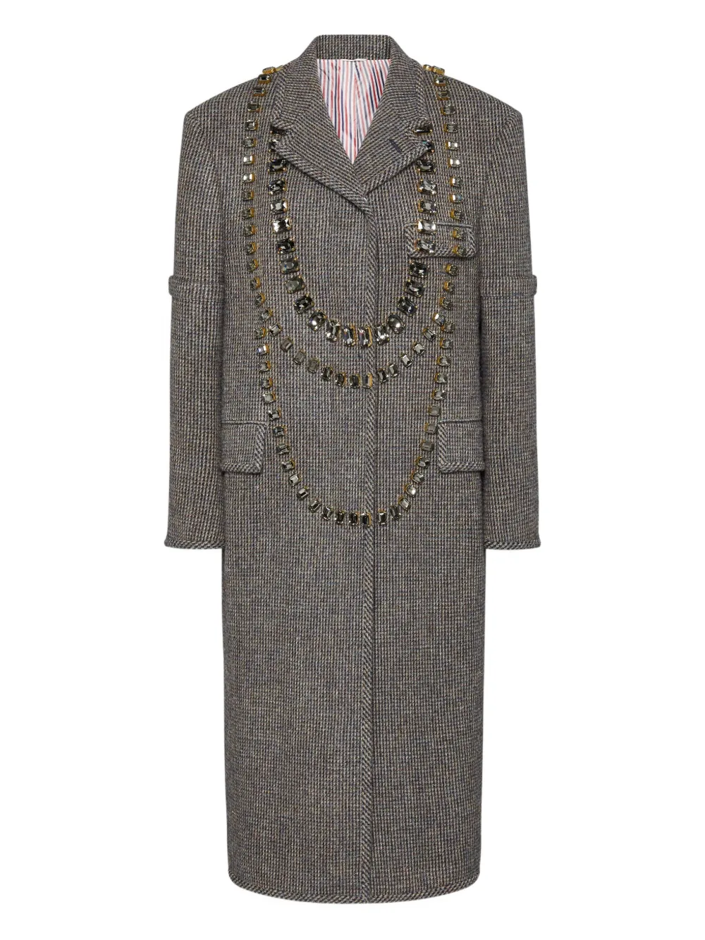 Thom Browne Crystal-embellished Checked Coat In Gray