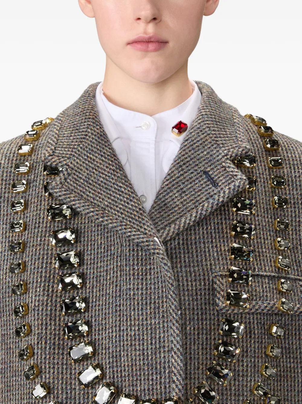 Thom Browne Crystal-embellished Checked Coat In Gray