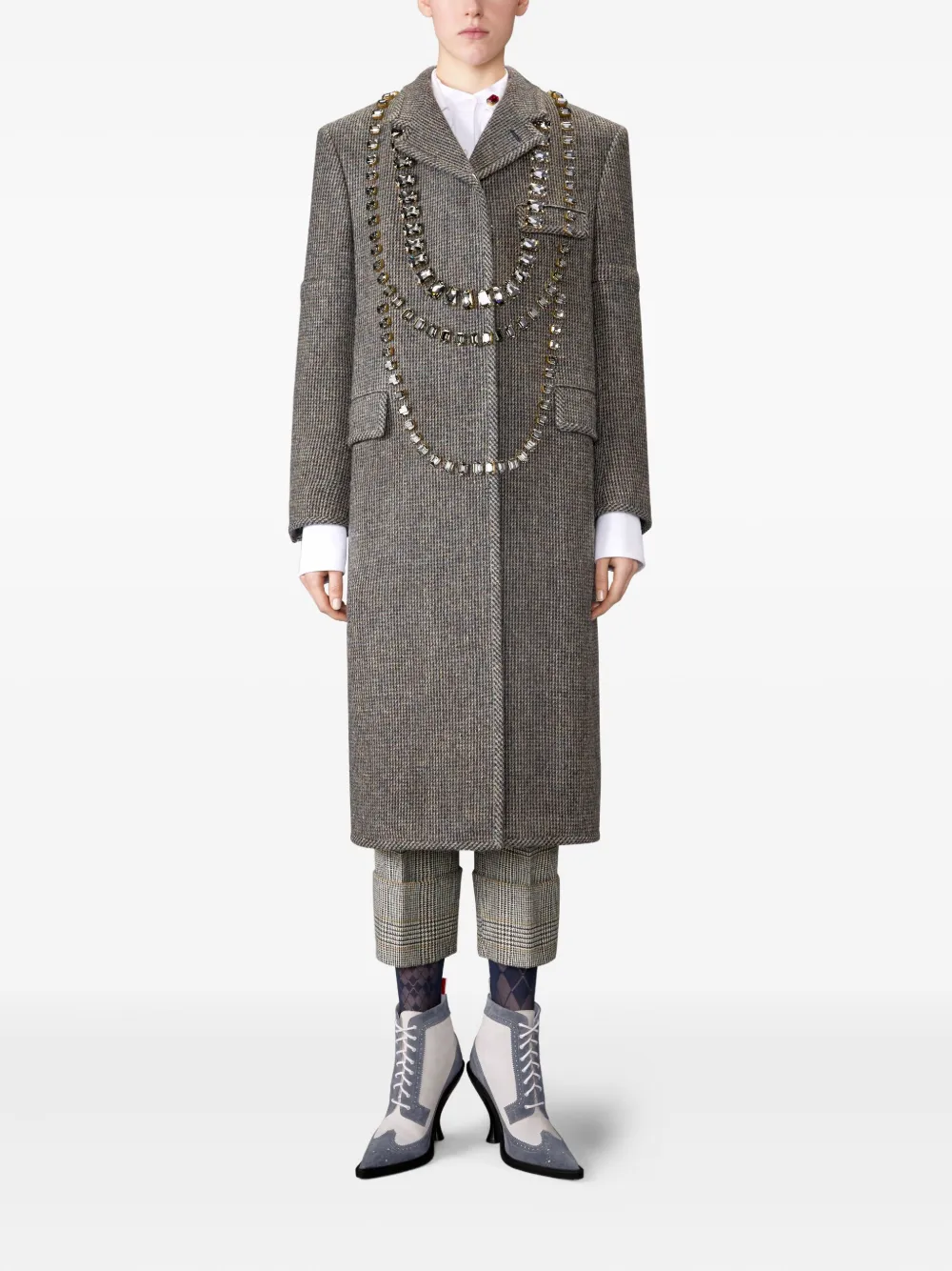 Thom Browne Crystal-embellished Checked Coat In Gray