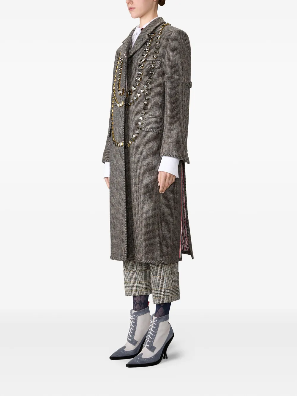 Thom Browne Crystal-embellished Checked Coat In Gray
