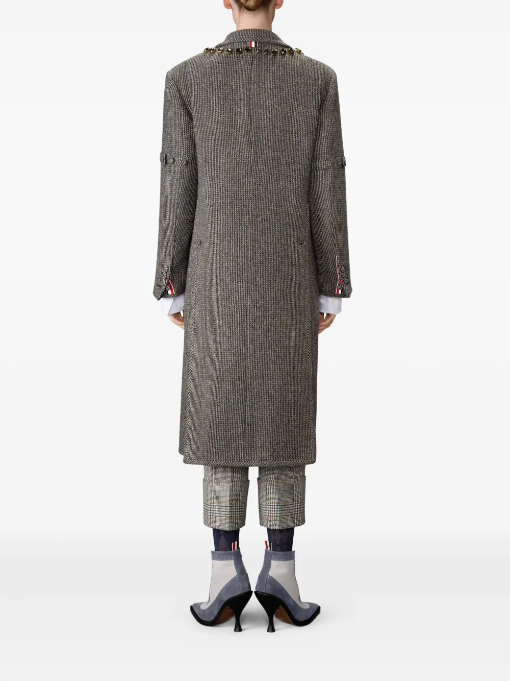 Thom Browne Crystal-embellished Checked Coat In Gray