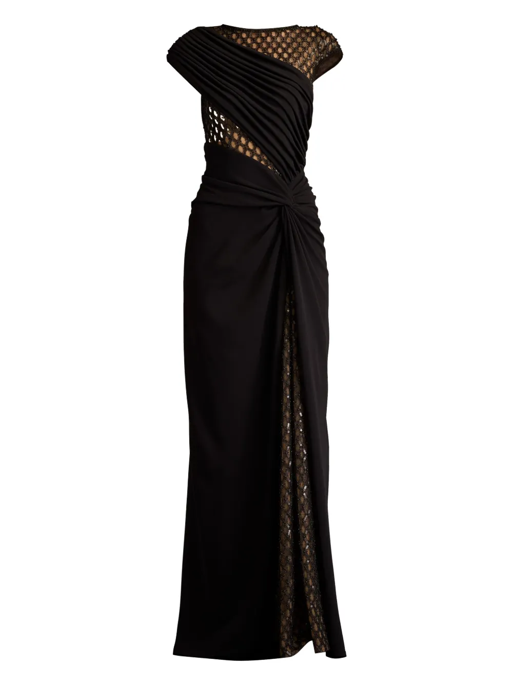 Tadashi Shoji Textured Crepe Gown With Sheer Details In Black