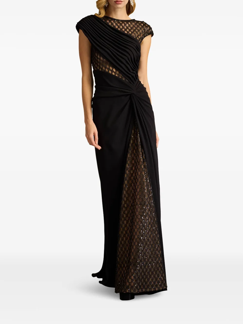 Tadashi Shoji Textured Crepe Gown With Sheer Details In Black