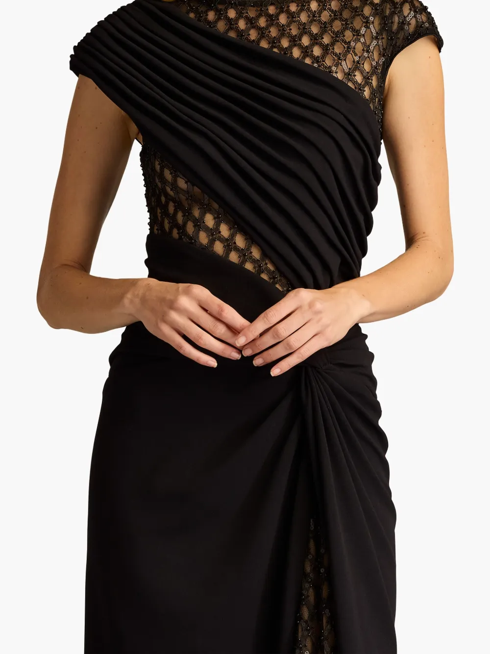 Tadashi Shoji Textured Crepe Gown With Sheer Details In Black