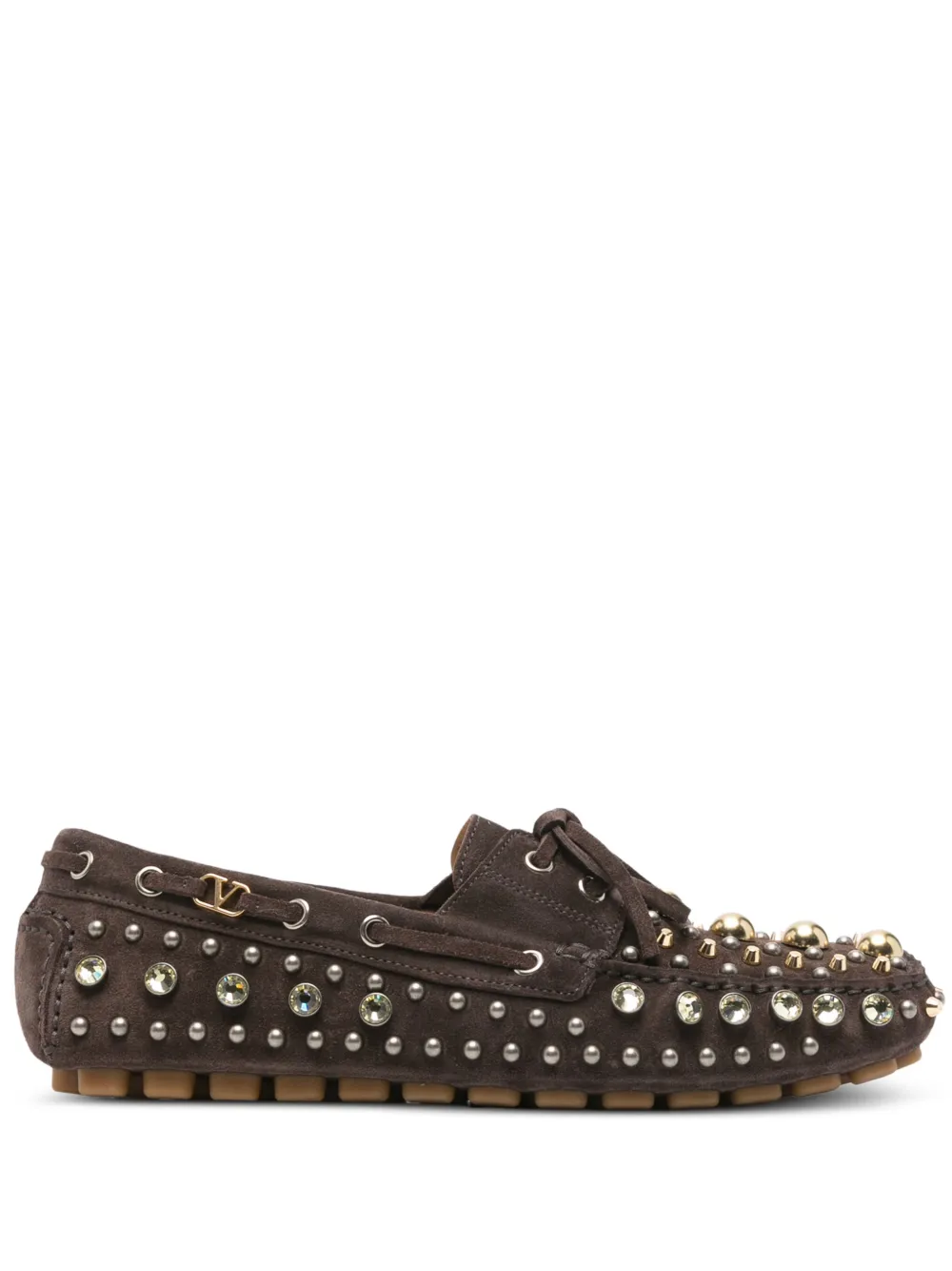 Valentino Garavani Studded Suede Boat Shoes In Brown