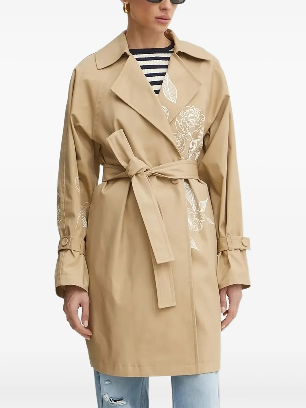 TWINSET Trenchcoat met geborduurde bloemen en ceintuur Bruin
