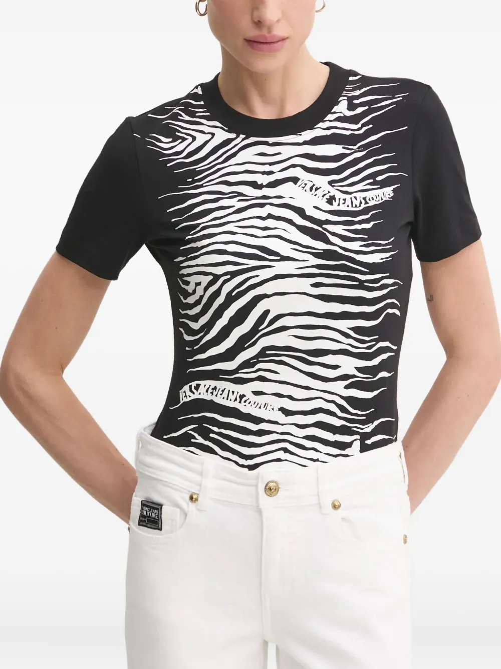 Versace Jeans Couture Zebra-print Short-sleeved Top In White