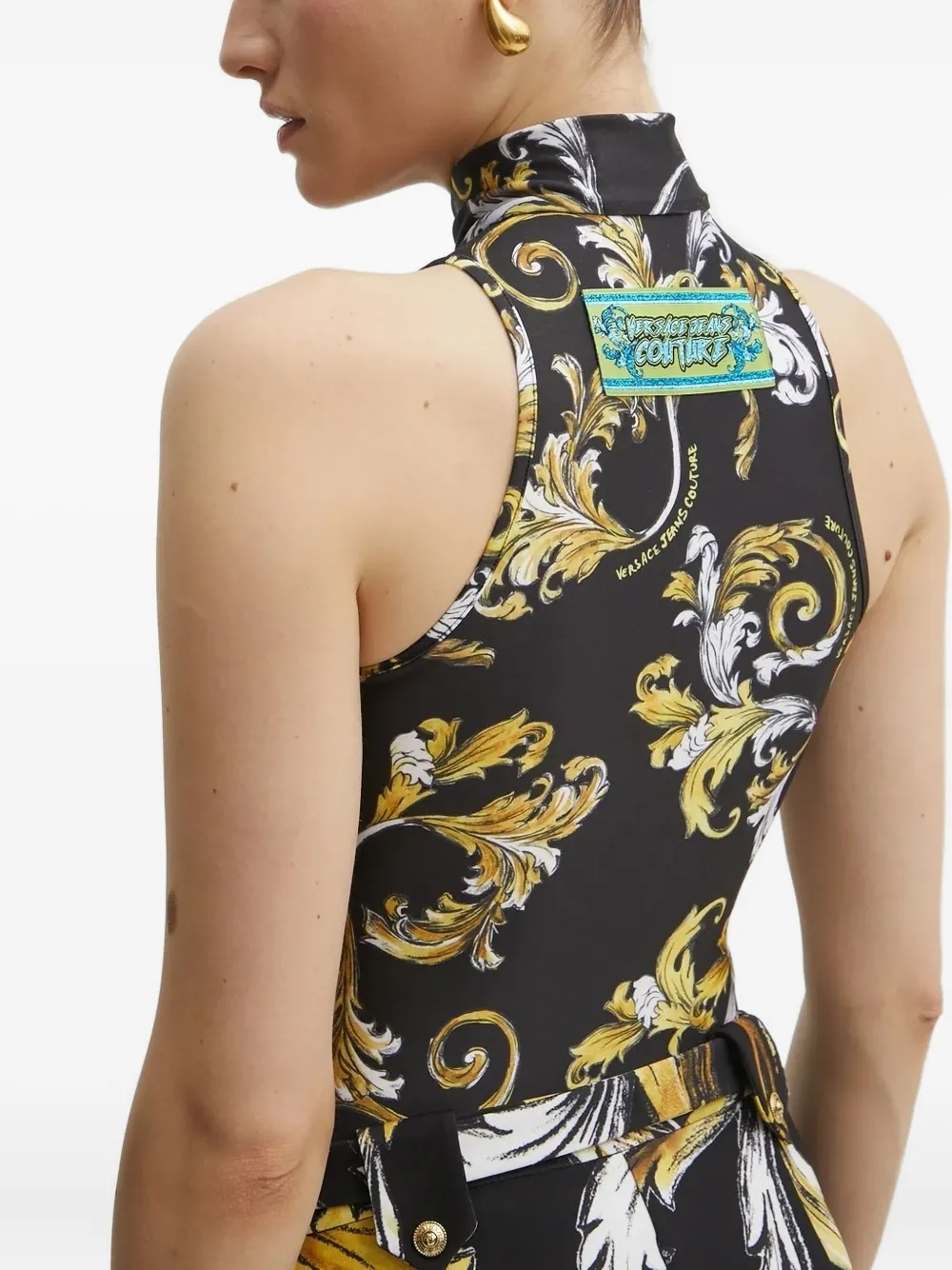 Versace Jeans Couture Baroque-print Zip-front Bodysuit In Black