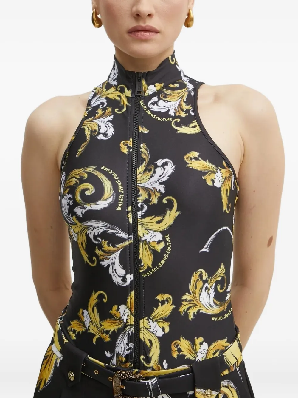Versace Jeans Couture Baroque-print Zip-front Bodysuit In Black