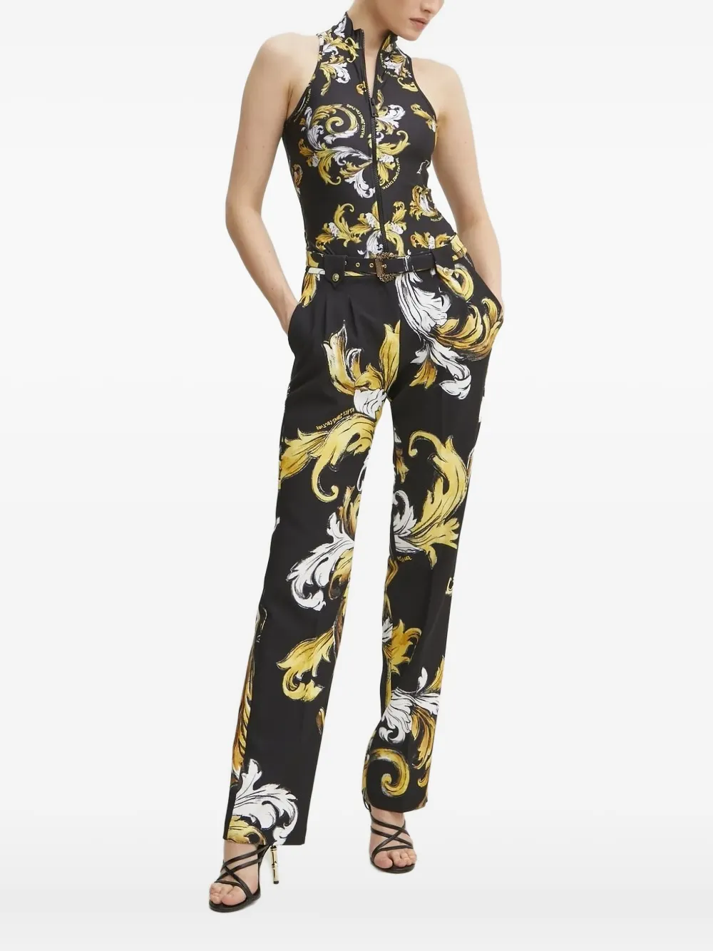 Versace Jeans Couture Baroque-print Zip-front Bodysuit In Black