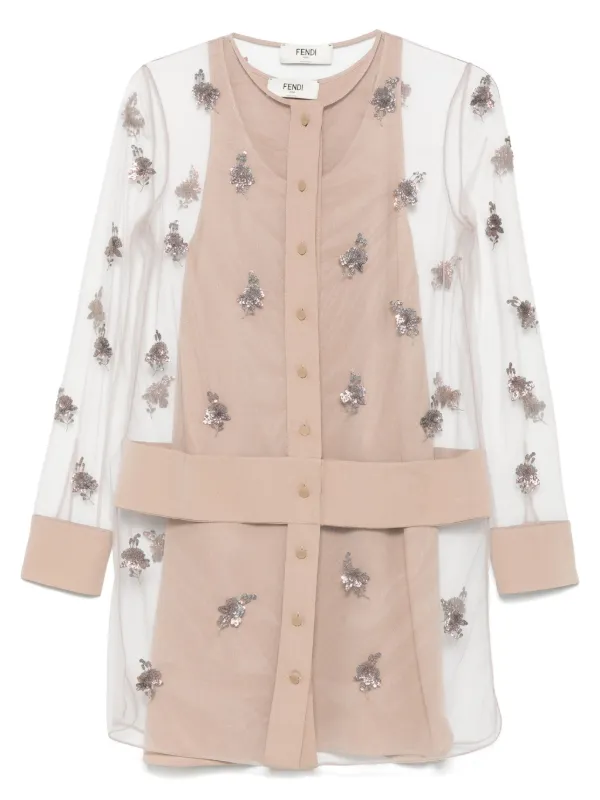 Fendi Embroidered Tulle Mini Dress in Neutrals