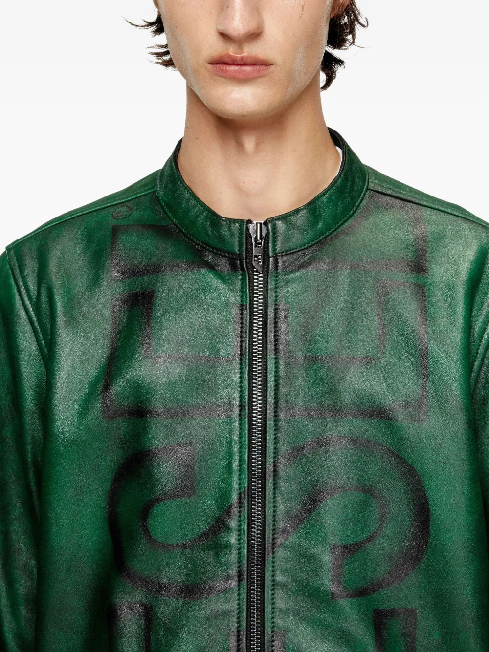 Diesel Treated Leather Biker Jacket With Faded Logo In Green