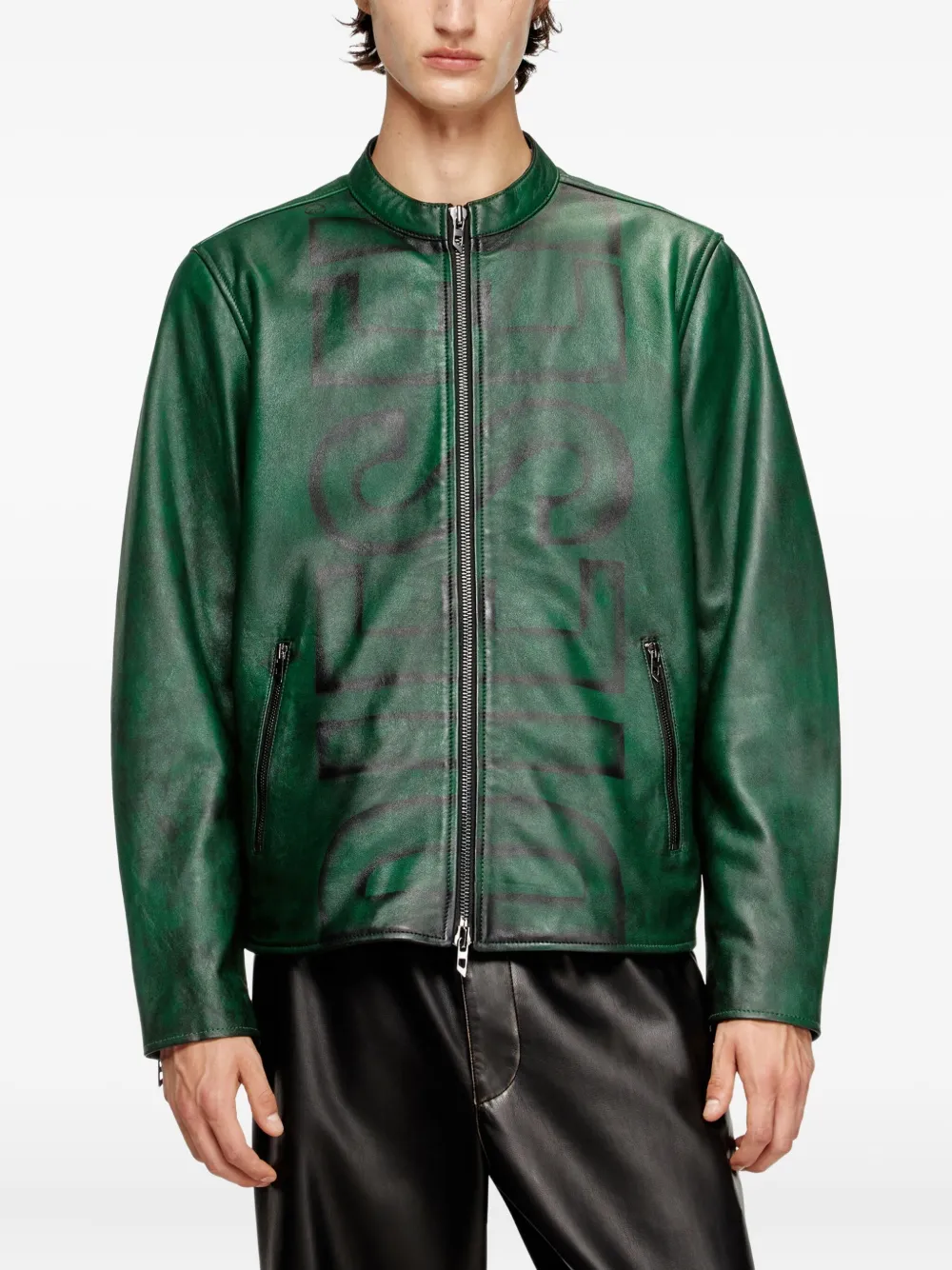 Diesel Treated Leather Biker Jacket With Faded Logo In Green