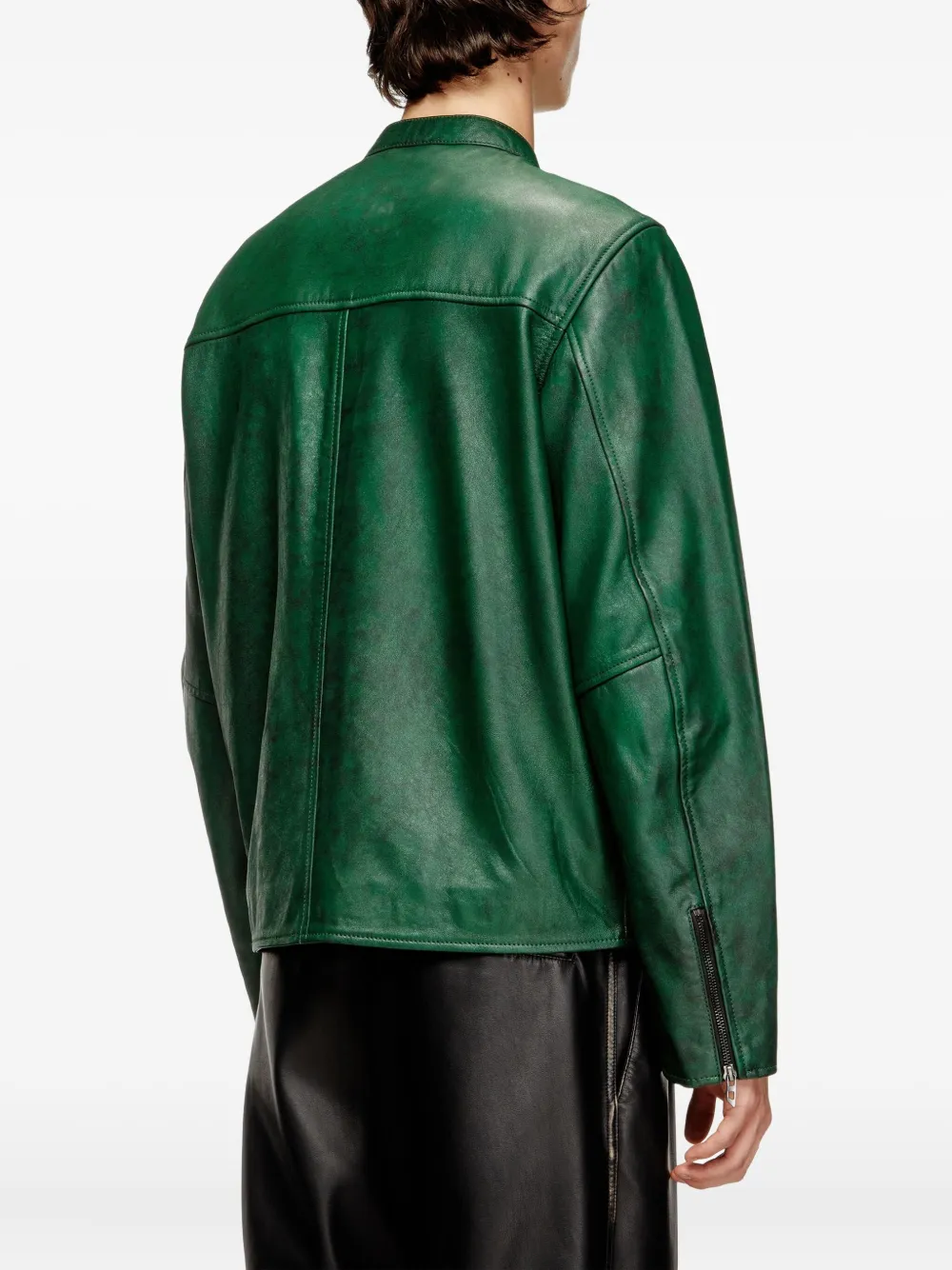 Diesel Treated Leather Biker Jacket With Faded Logo In Green