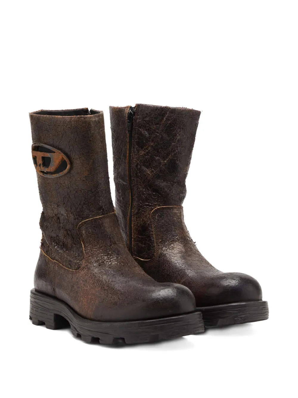 Diesel D-Hammer distressed crackled suede biker boots Brown