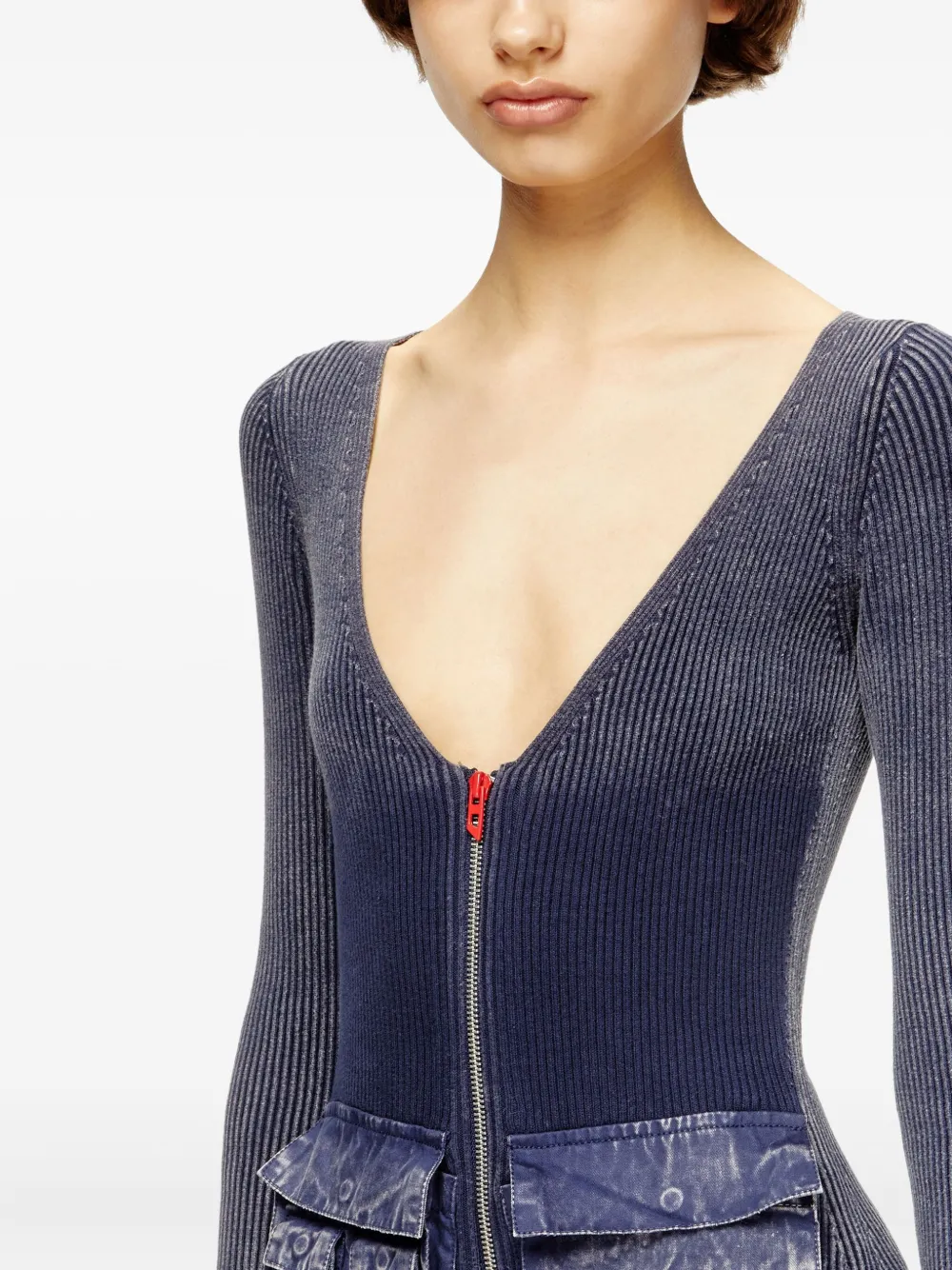 Diesel ribbed zip-front pocketed day dress Blauw