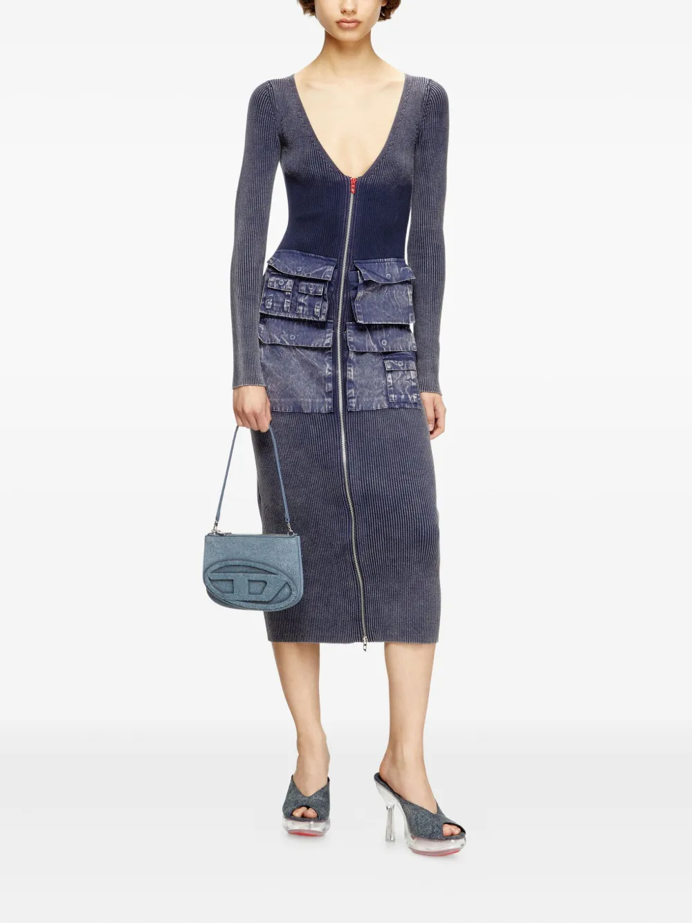 Diesel ribbed zip-front pocketed day dress Blauw