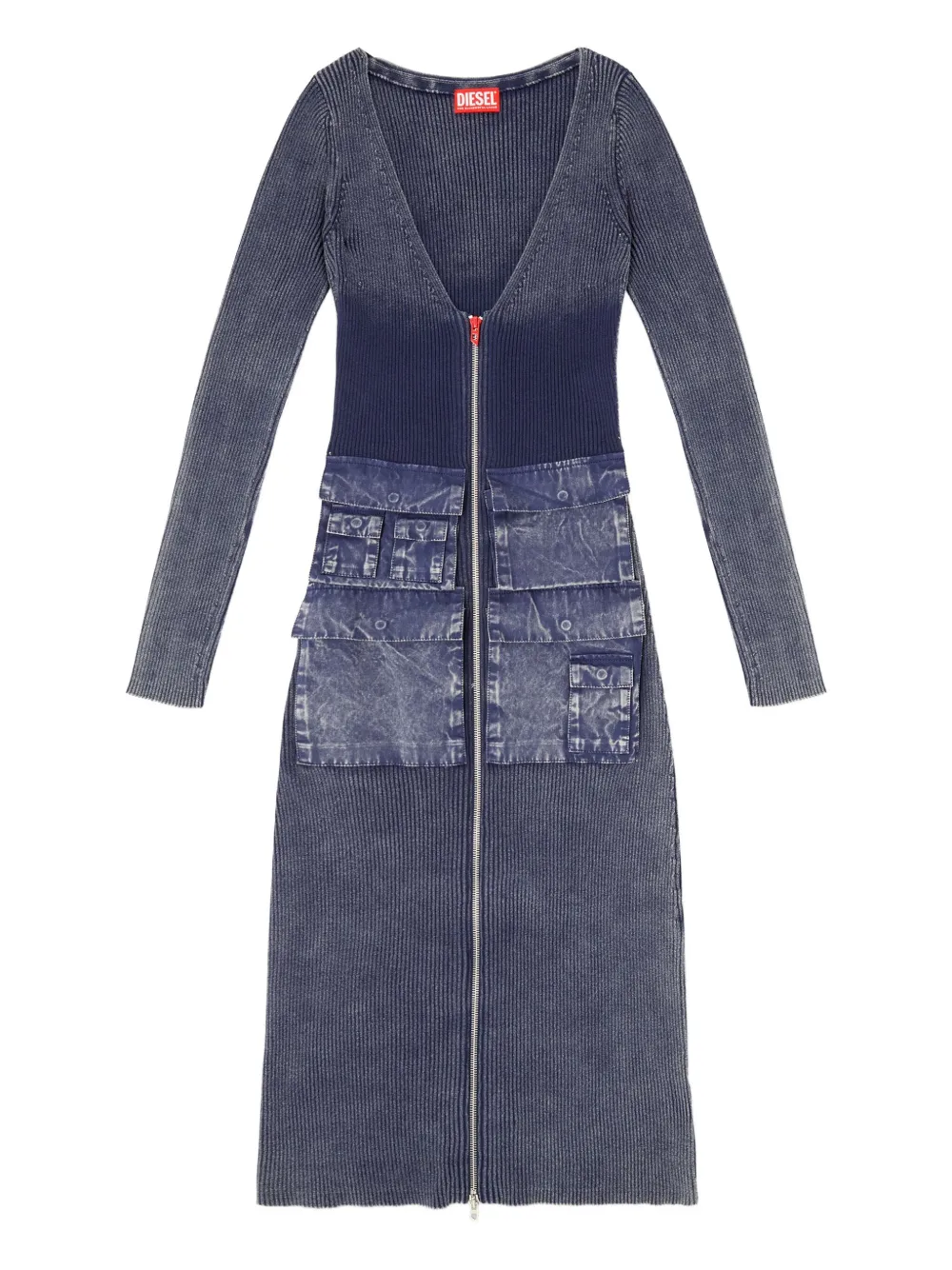 Diesel ribbed zip-front pocketed day dress Blauw
