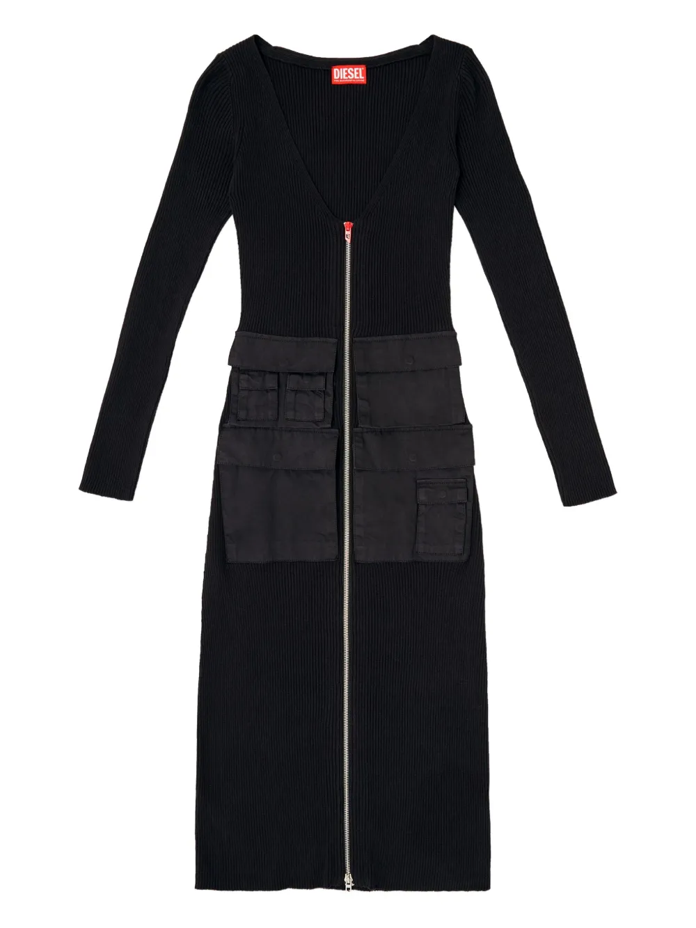 Diesel ribbed zip-front pocketed day dress Zwart
