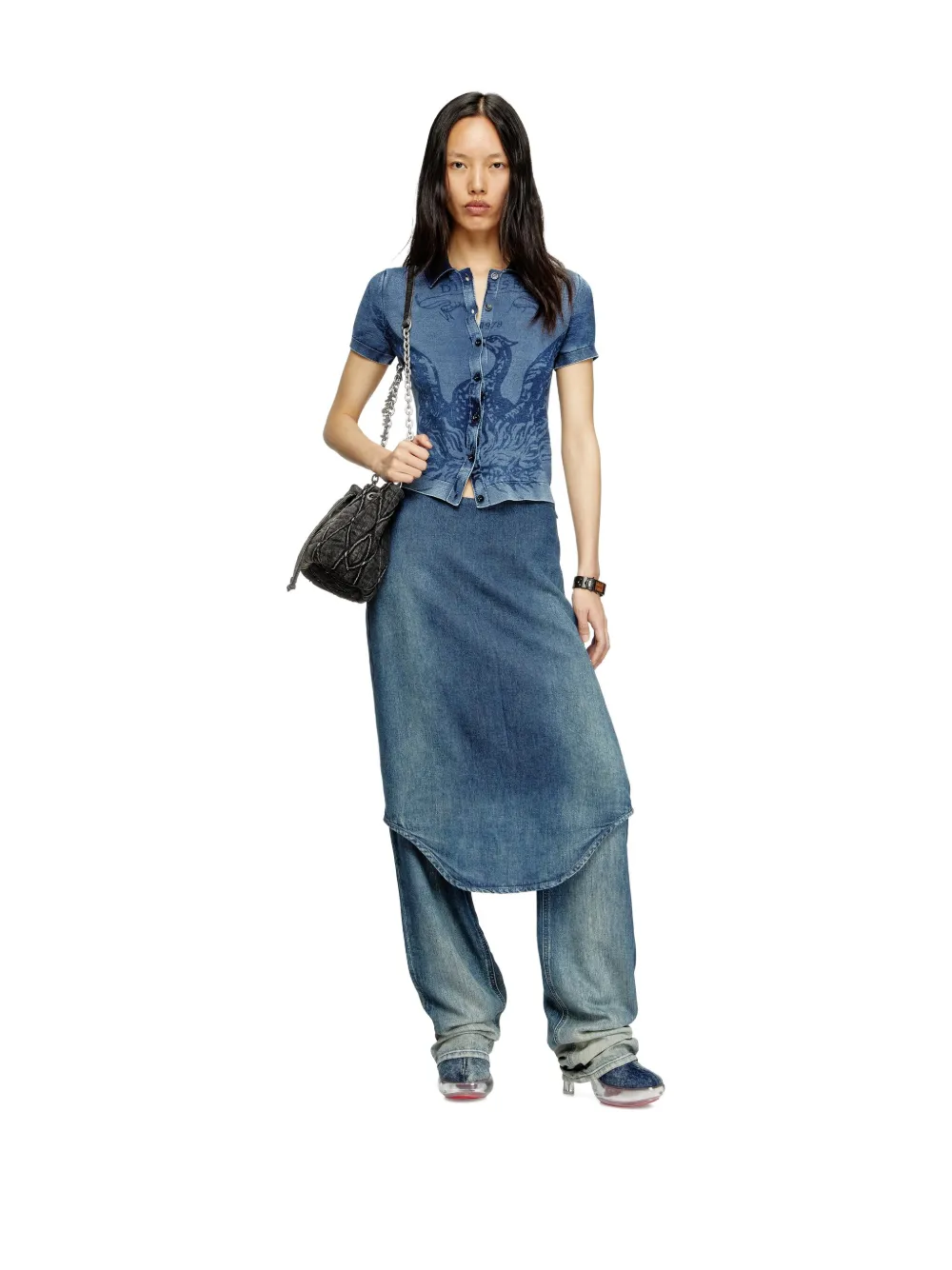 Diesel Kleine Charm-D gewatteerde bucket-tas met ketting Zwart