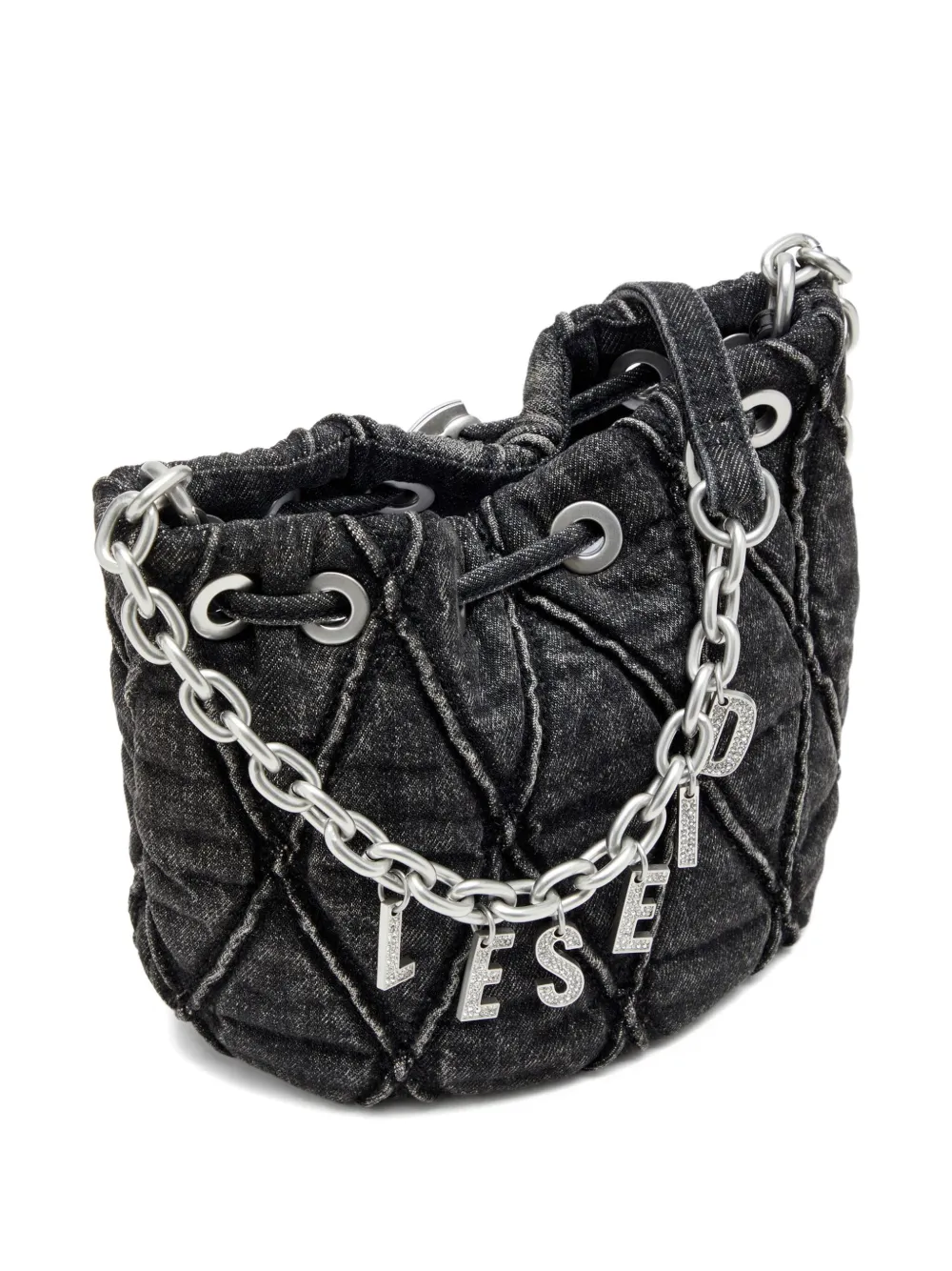 Diesel Kleine Charm-D gewatteerde bucket-tas met ketting Zwart