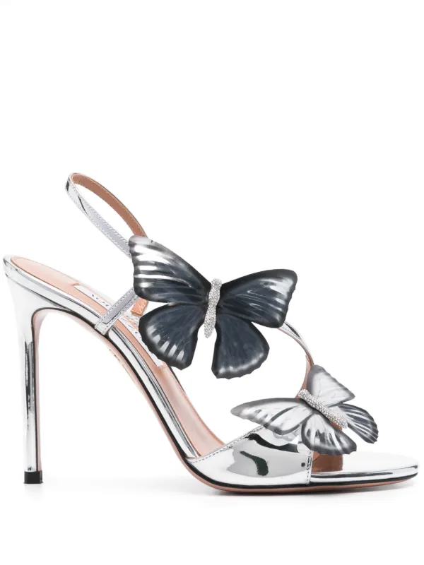 サンダル・ミュール AQUAZZURA Women Sandals TQLMIDS1 DGN GREY Crystal Orchid embellished leather sandals in silver