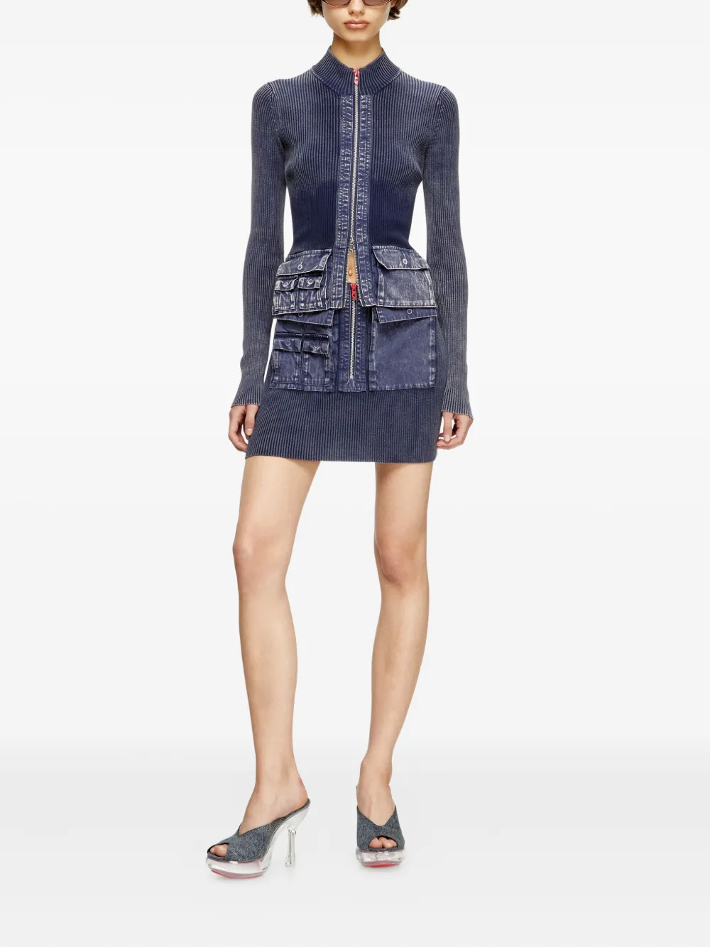 Diesel M-melissa Rib-knit Denim-pockets Cardigan In Blue