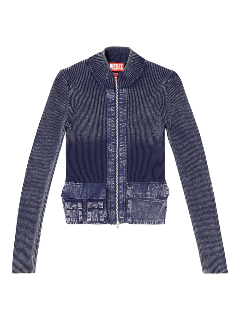 Diesel M-melissa Rib-knit Denim-pockets Cardigan In Blue