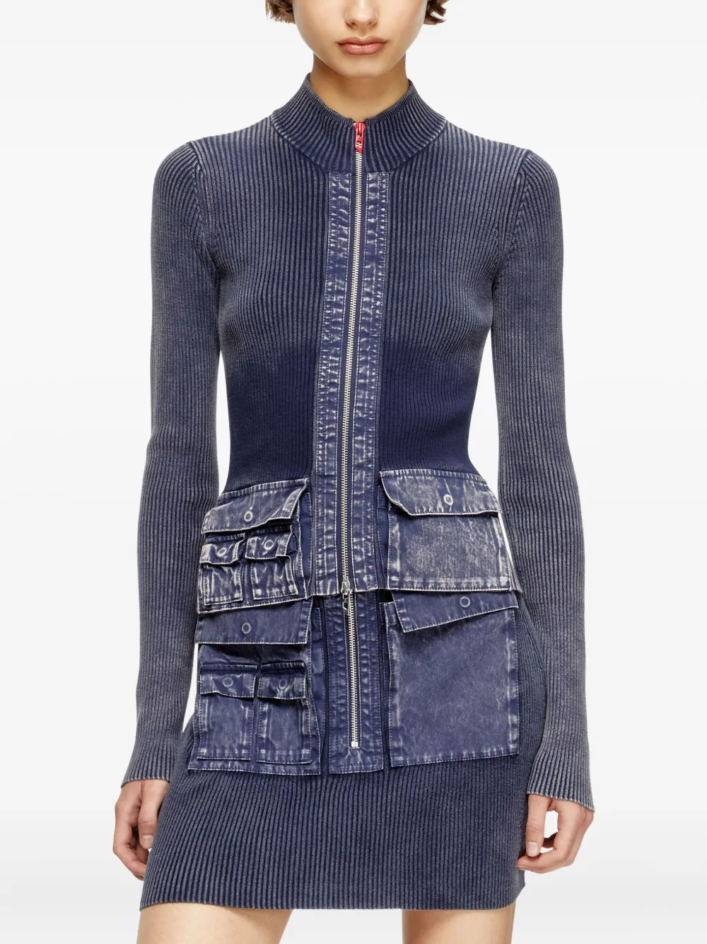Diesel M-melissa Rib-knit Denim-pockets Cardigan In Blue