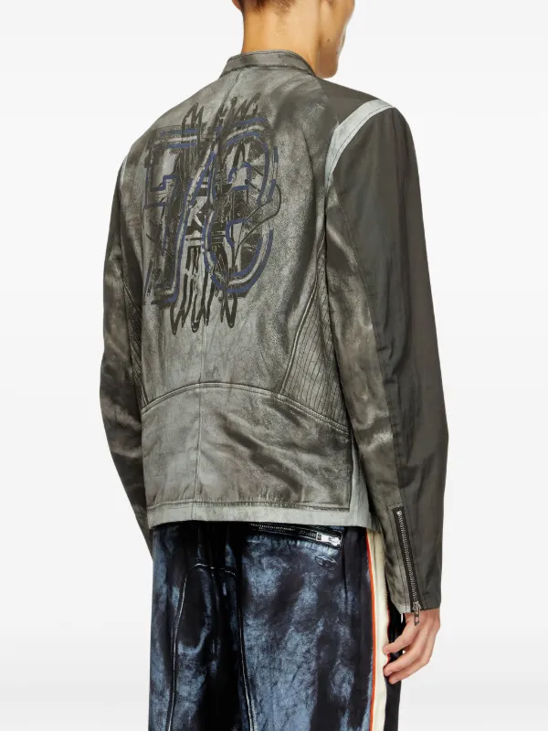 Diesel Panelled Logo Biker Jacket | Grey | FARFETCH