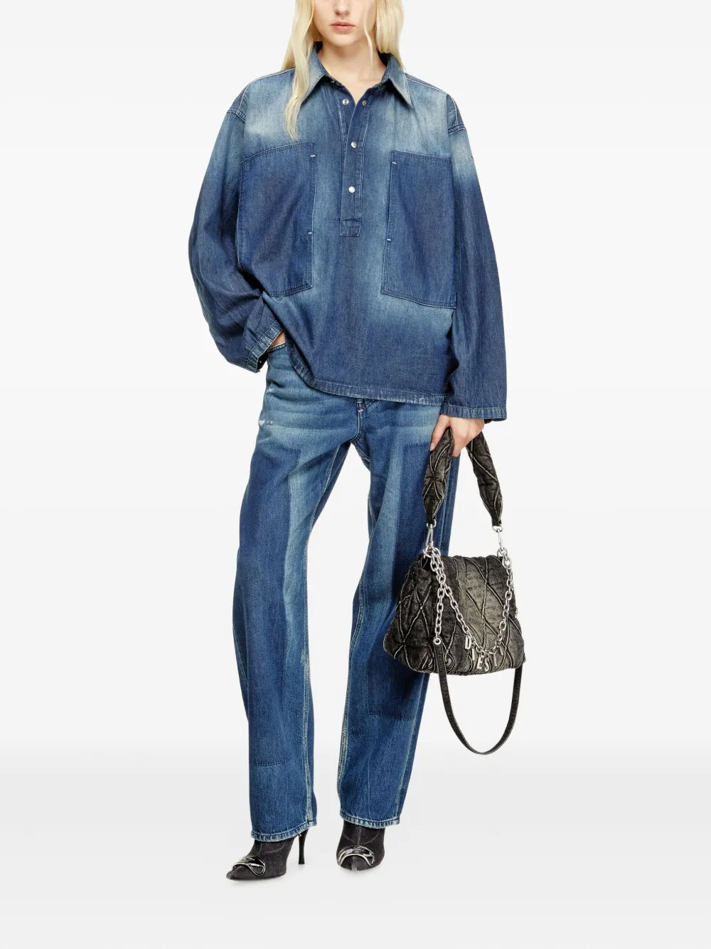 Diesel Henley Top In Contrast-effect Denim In Blue