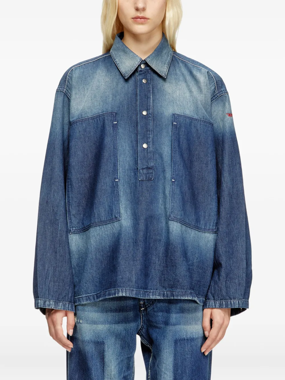 Diesel Henley Top In Contrast-effect Denim In Blue