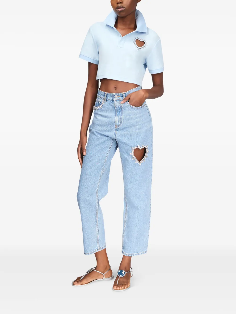 Shop Area Crystal-embellished Cropped Polo In Blue