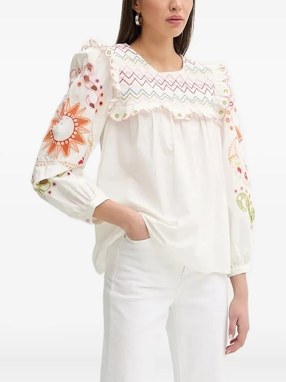 Never Fully Dressed Embroidered Ruffled Blouse In White