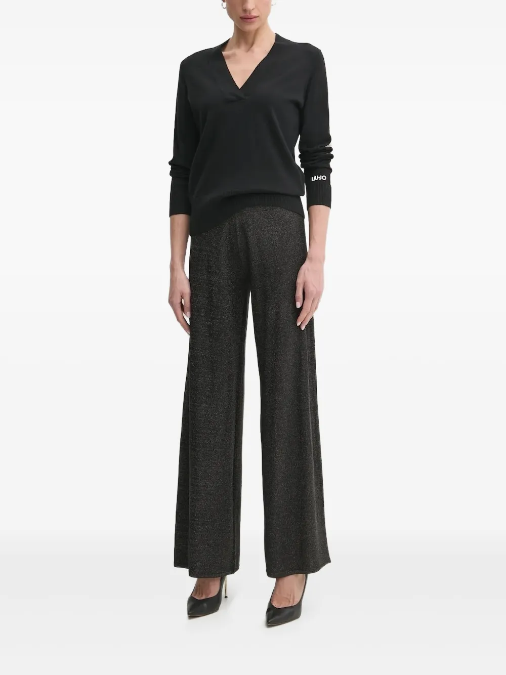 Liu •jo V-neck Beaded-trims Sweater In Black