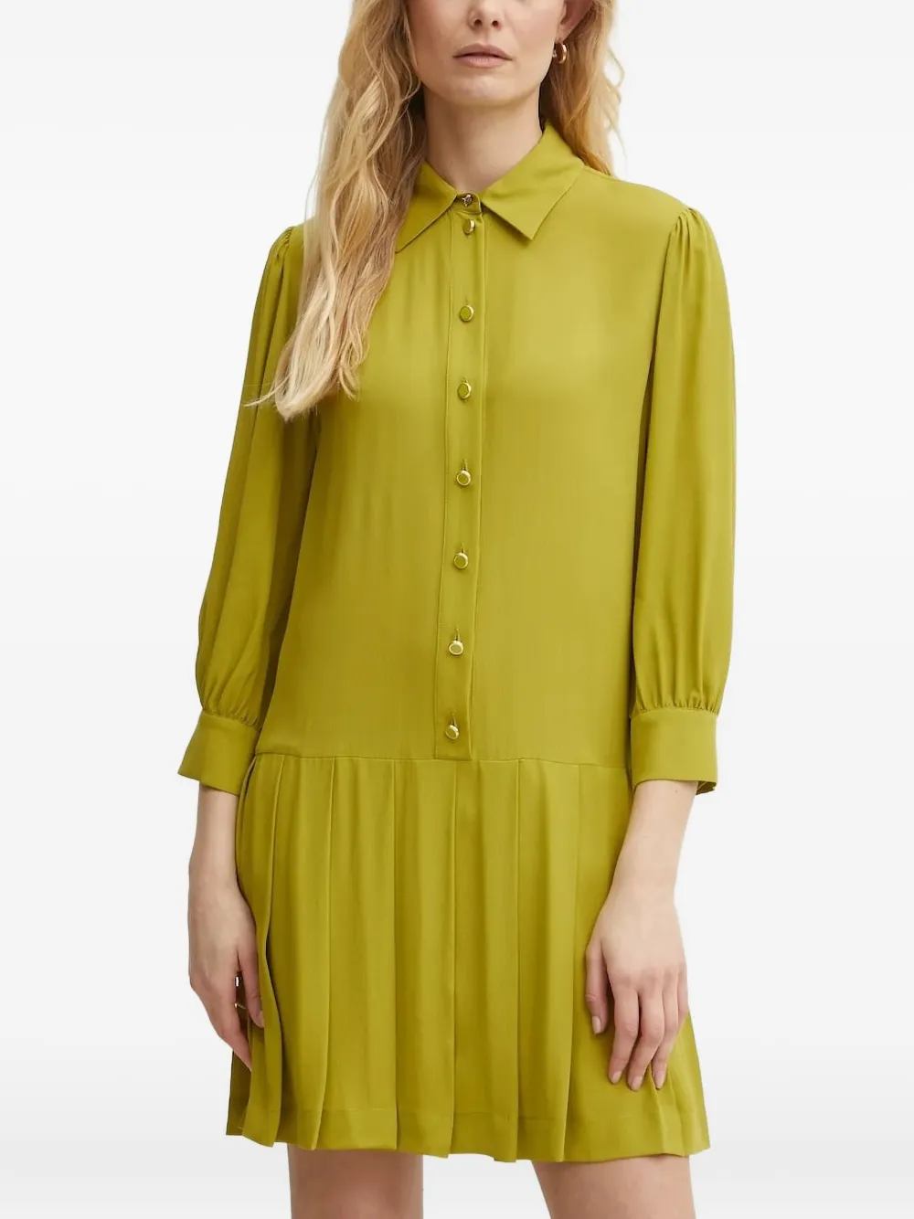 Liu •jo Pleated Collared Shirt Mini Dress In Green