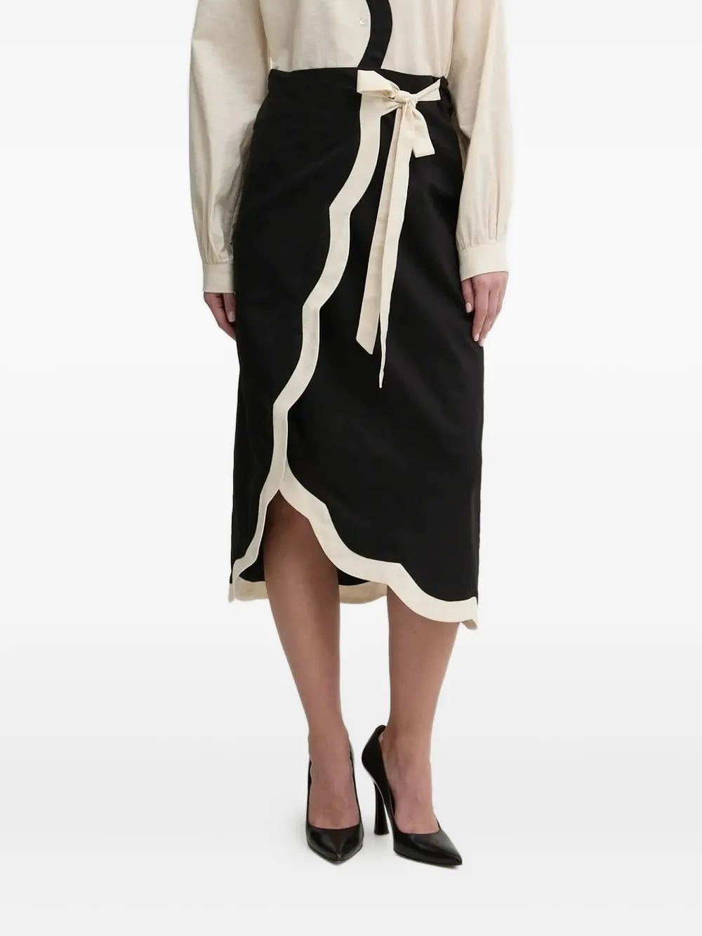 Never Fully Dressed Scallop-hem Tie-waist Midi Skirt In Black