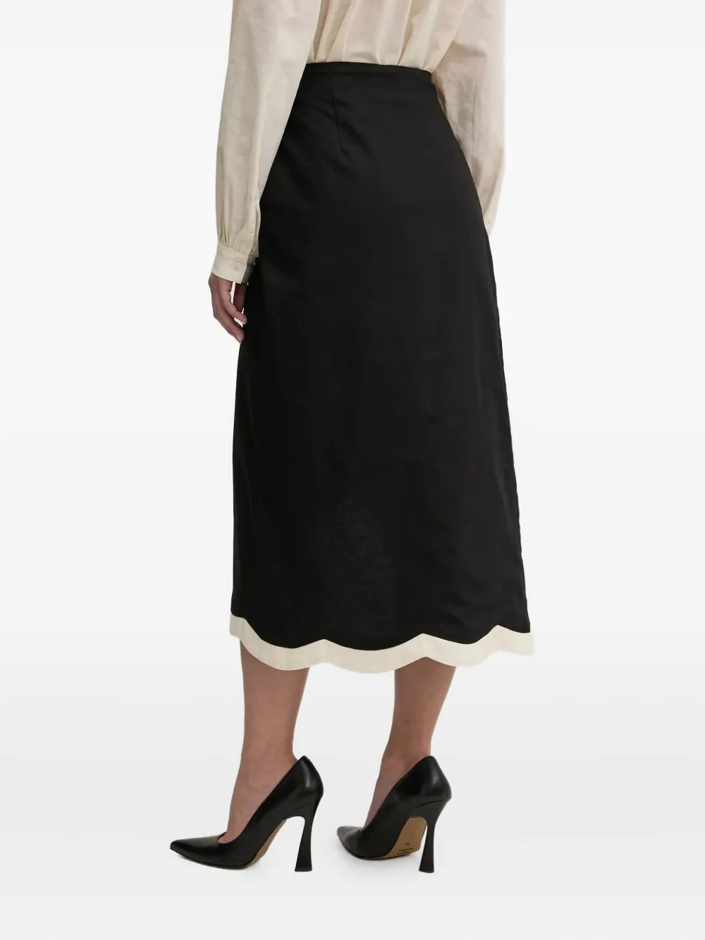 Never Fully Dressed Scallop-hem Tie-waist Midi Skirt In Black
