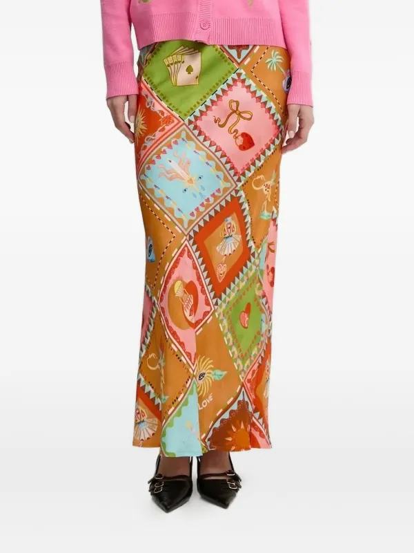 NEVER FULLY DRESSED Soller Dorris patchwork-print Maxi Skirt | Orange |  FARFETCH