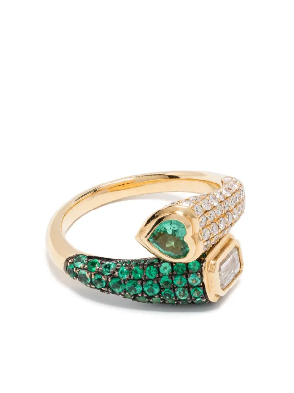 Shay 18CT Yellow Gold Mixed Bypass Diamond and Emerald Pinky Ring