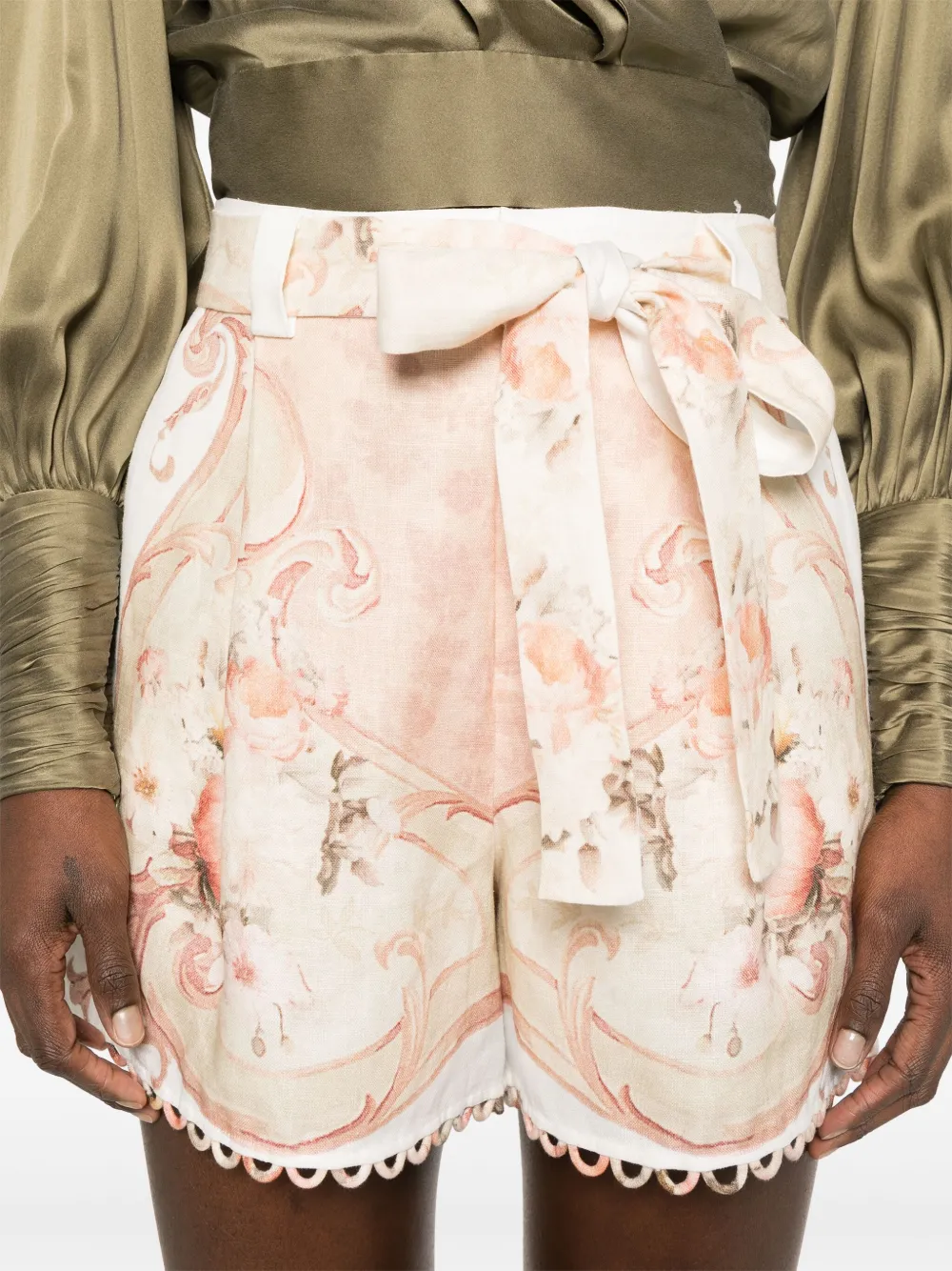 Shop Twinset Printed Linen Shorts In 中性色