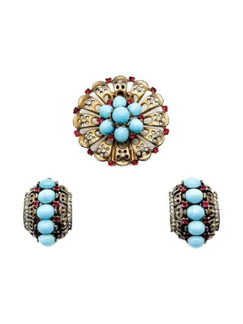 Jennifer Gibson Jewellery طقم أقراط وبروش فيروزي بنقش زهور