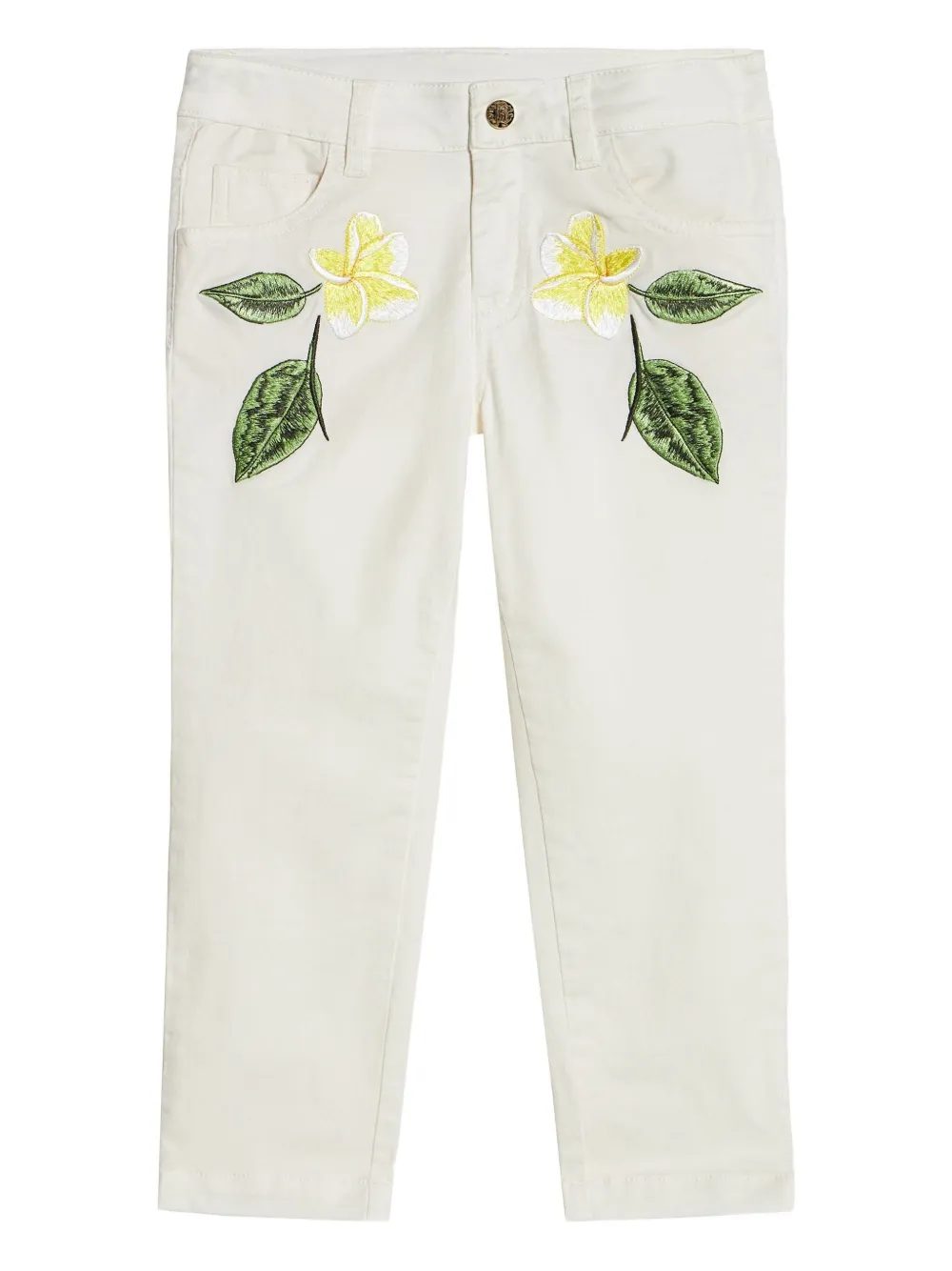 Shop Roberto Cavalli Junior Floral-embroidered Trousers In White