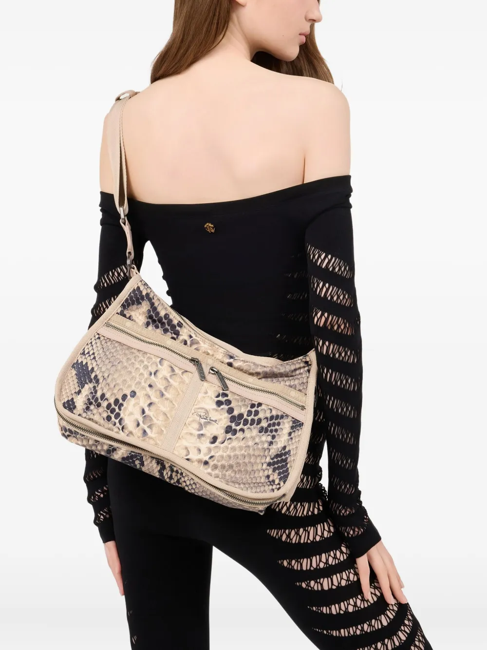 Roberto Cavalli Schoudertas met slangen-effect Beige